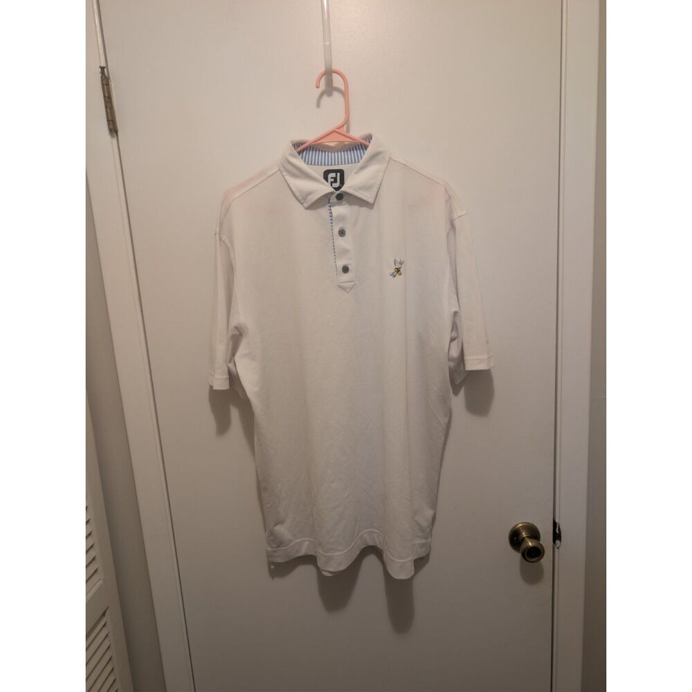 FootJoy Men's White Golf Polo Size Large Blue Striped Placket Performance Shirt